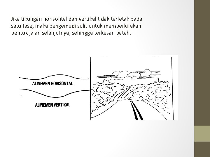 Jika tikungan horisontal dan vertikal tidak terletak pada satu fase, maka pengemudi sulit untuk Jika tikungan horisontal dan vertikal tidak terletak pada satu fase, maka pengemudi sulit untuk