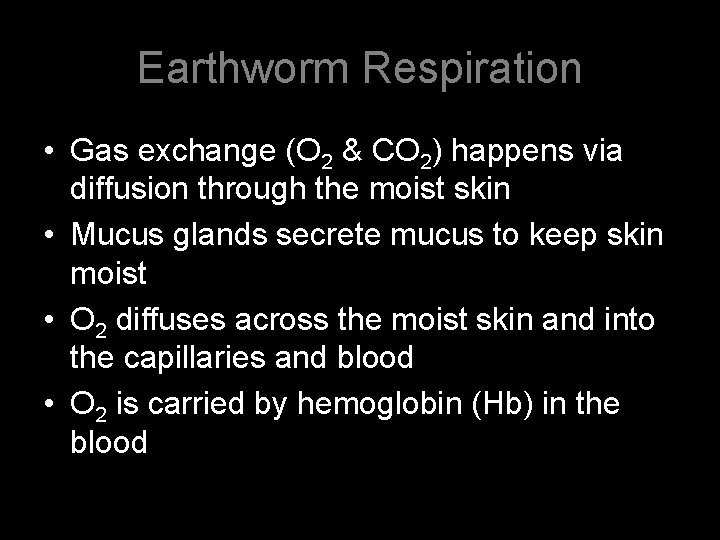 Earthworm Respiration • Gas exchange (O 2 & CO 2) happens via diffusion through
