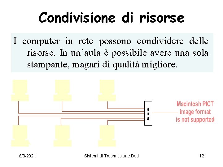 Condivisione di risorse I computer in rete possono condividere delle risorse. In un’aula è