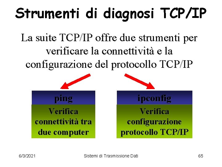 Strumenti di diagnosi TCP/IP La suite TCP/IP offre due strumenti per verificare la connettività