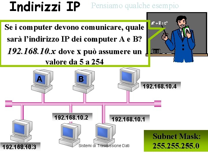 Indirizzi IP Pensiamo qualche esempio Se i computer devono comunicare, quale sarà l’indirizzo IP