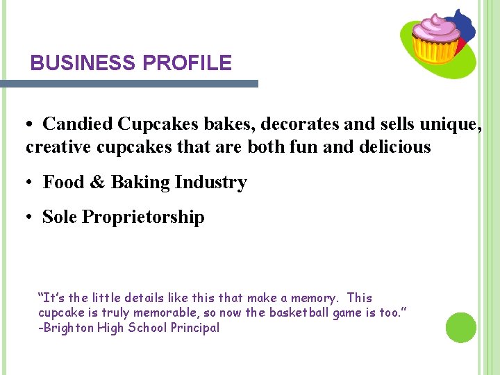 BUSINESS PROFILE • Candied Cupcakes bakes, decorates and sells unique, creative cupcakes that are BUSINESS PROFILE • Candied Cupcakes bakes, decorates and sells unique, creative cupcakes that are