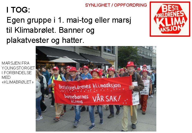 SYNLIGHET / OPPFORDRING I TOG: Egen gruppe i 1. mai-tog eller marsj til Klimabrølet.