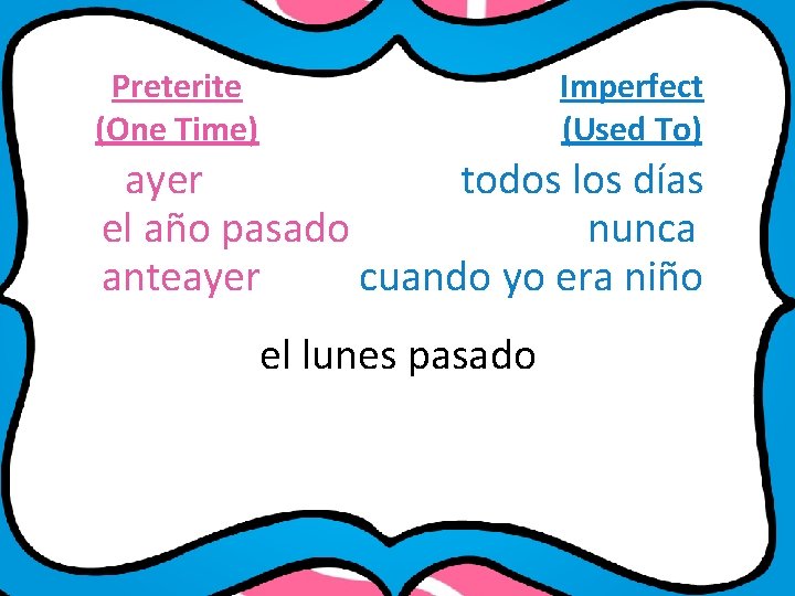 Preterite (One Time) Imperfect (Used To) ayer todos los días el año pasado nunca