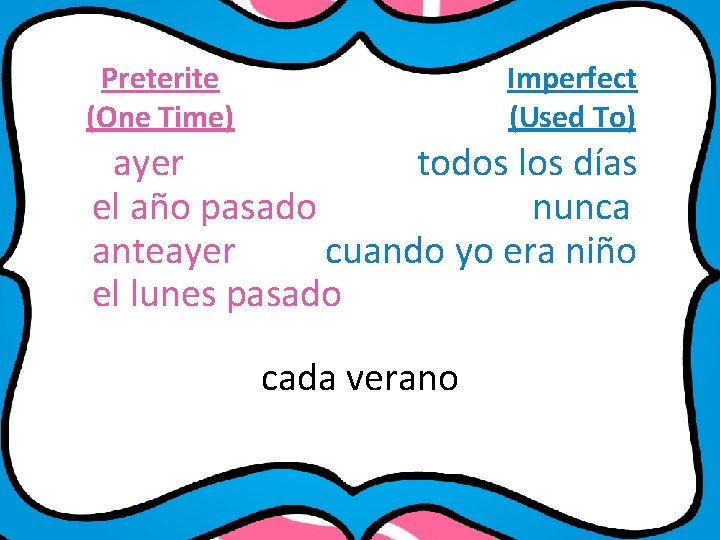 Preterite (One Time) Imperfect (Used To) ayer todos los días el año pasado nunca