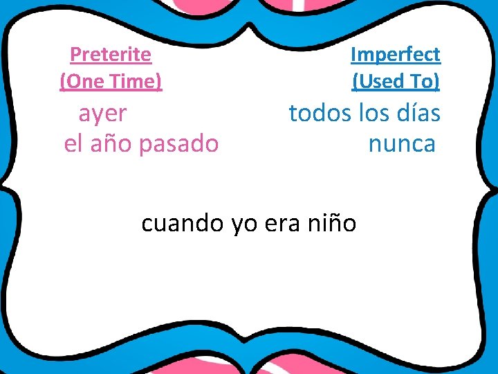 Preterite (One Time) ayer el año pasado Imperfect (Used To) todos los días nunca