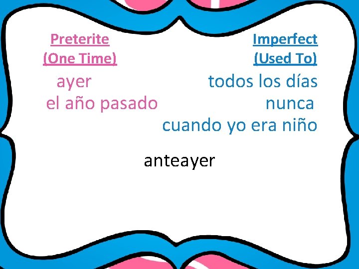 Preterite (One Time) Imperfect (Used To) ayer el año pasado todos los días nunca