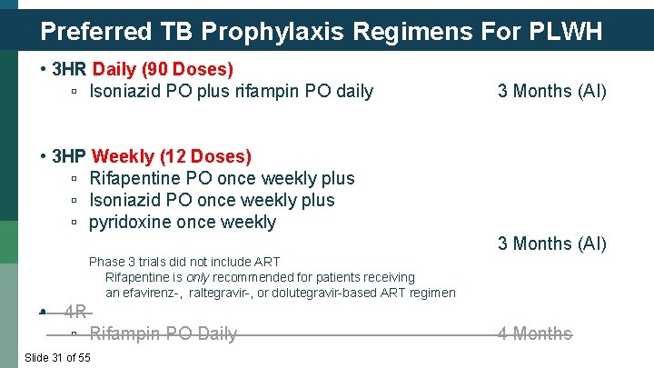 Preferred TB Prophylaxis Regimens For PLWH • 3 HR Daily (90 Doses) ▫ Isoniazid