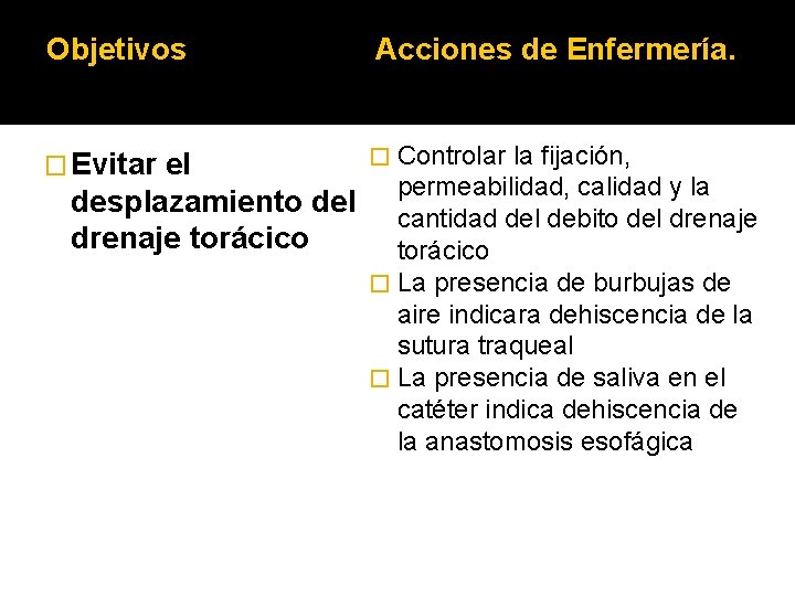 Objetivos Acciones de Enfermería. � Evitar � Controlar el desplazamiento del drenaje torácico la