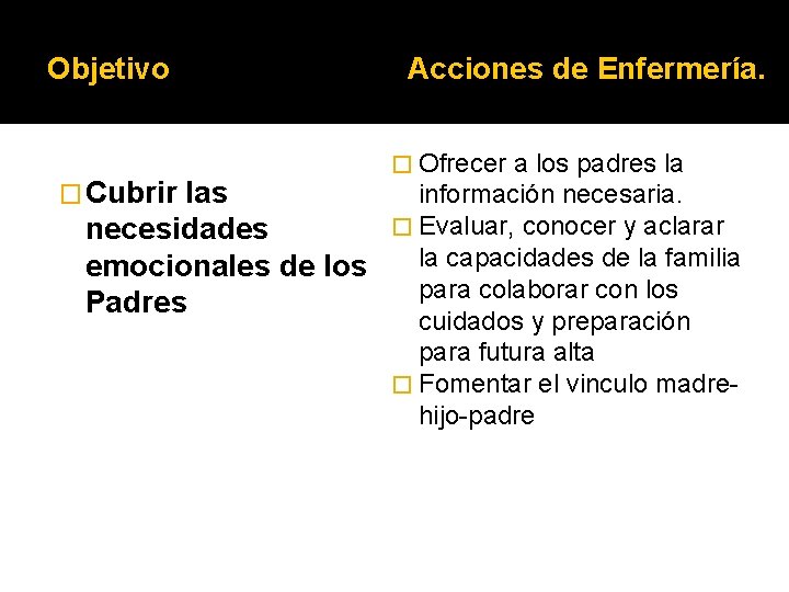 Objetivo Acciones de Enfermería. � Ofrecer a los padres la � Cubrir las información