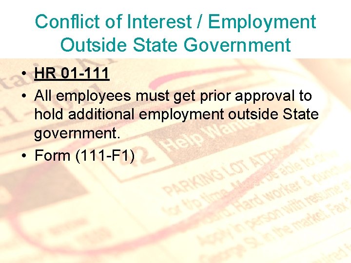 Conflict of Interest / Employment Outside State Government • HR 01 -111 • All