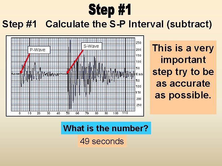 Step #1 Calculate the S-P Interval (subtract) P-Wave S-Wave What is the number? 49