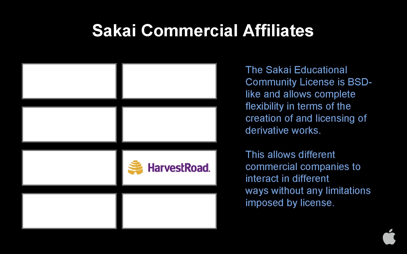 Sakai Commercial Affiliates The Sakai Educational Community License is BSDlike and allows complete flexibility