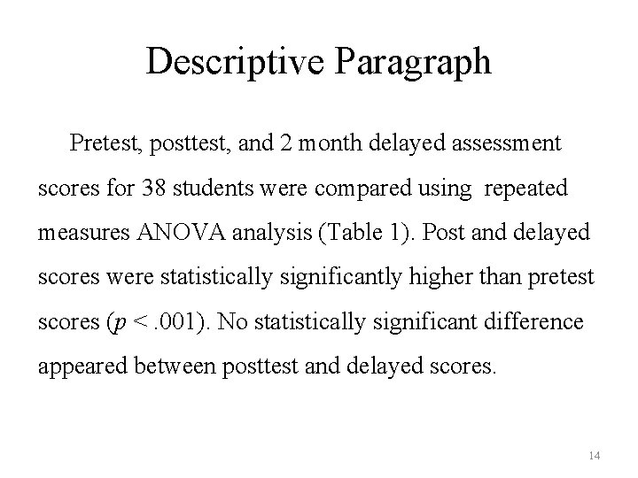Descriptive Paragraph Pretest, posttest, and 2 month delayed assessment scores for 38 students were