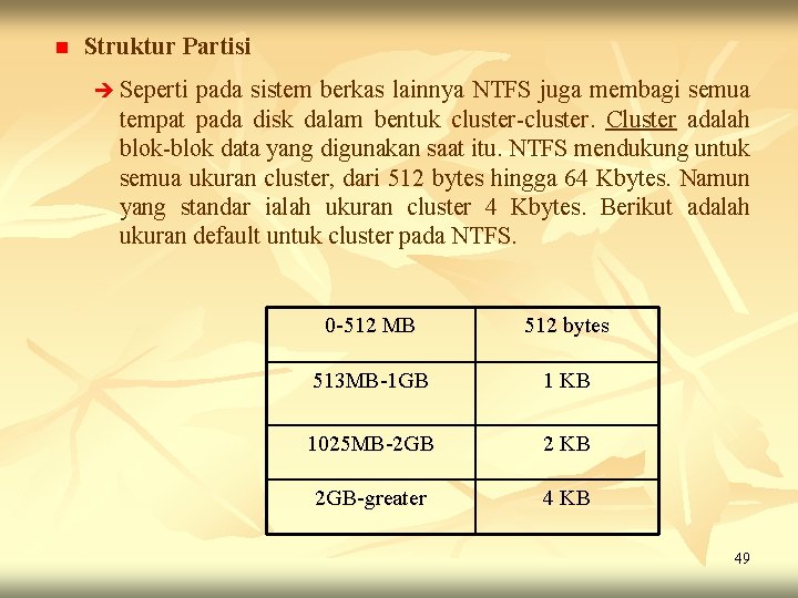 n Struktur Partisi è Seperti pada sistem berkas lainnya NTFS juga membagi semua tempat n Struktur Partisi è Seperti pada sistem berkas lainnya NTFS juga membagi semua tempat