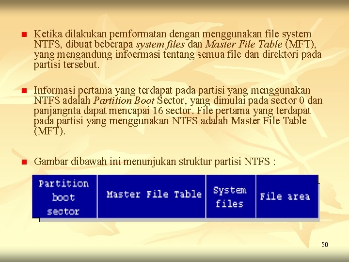 n Ketika dilakukan pemformatan dengan menggunakan file system NTFS, dibuat beberapa system files dan n Ketika dilakukan pemformatan dengan menggunakan file system NTFS, dibuat beberapa system files dan