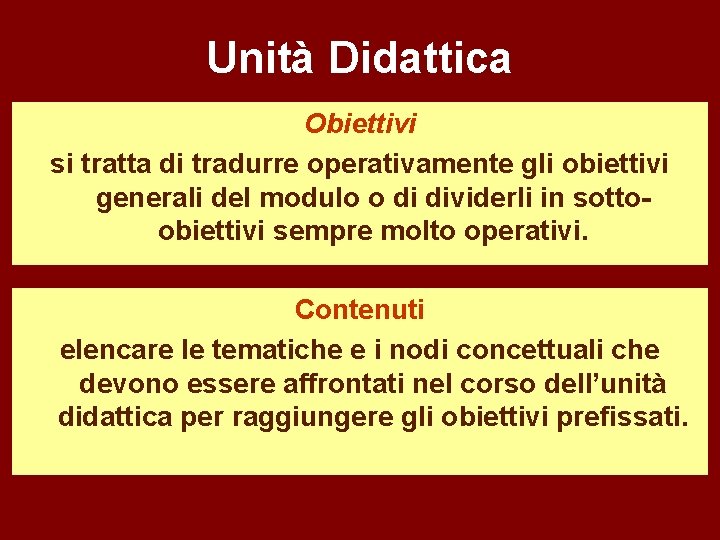 Unità Didattica Obiettivi si tratta di tradurre operativamente gli obiettivi generali del modulo o