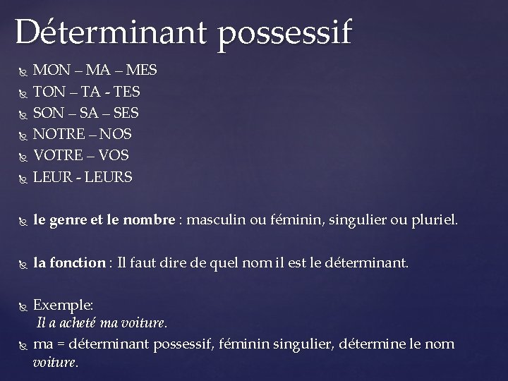 Déterminant possessif MON – MA – MES TON – TA - TES SON –