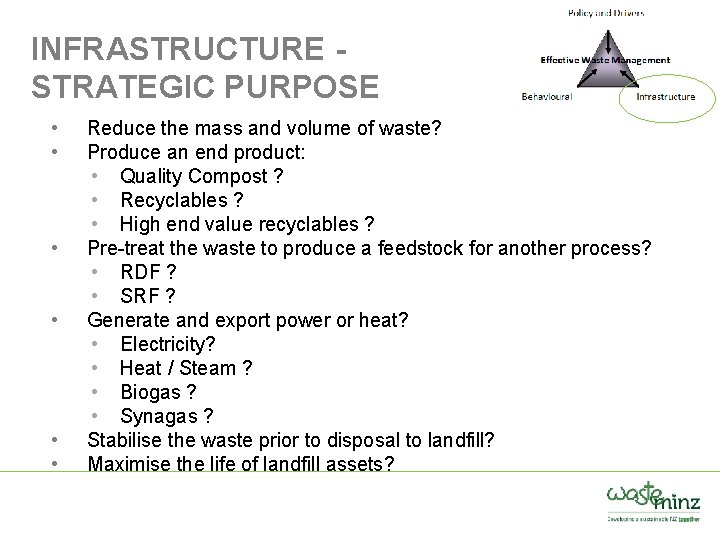 INFRASTRUCTURE STRATEGIC PURPOSE • • • Reduce the mass and volume of waste? Produce