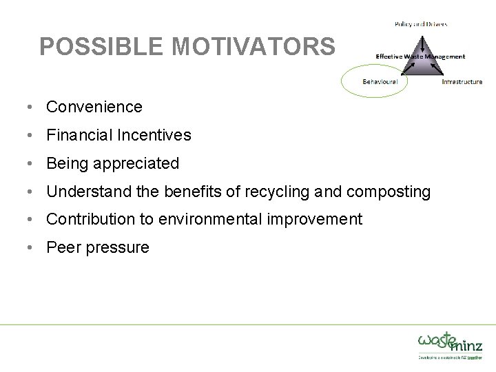 POSSIBLE MOTIVATORS • Convenience • Financial Incentives • Being appreciated • Understand the benefits
