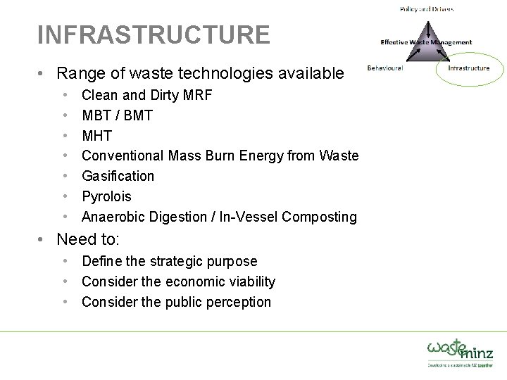 INFRASTRUCTURE • Range of waste technologies available • • Clean and Dirty MRF MBT