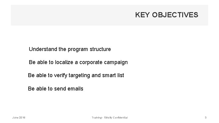KEY OBJECTIVES §Understand the program structure §Be able to localize a corporate campaign Be
