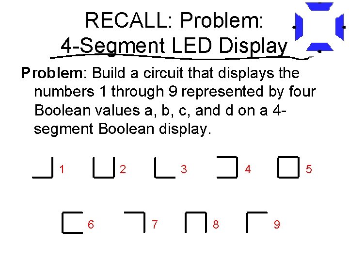 RECALL: Problem: 4 -Segment LED Display Problem: Build a circuit that displays the numbers