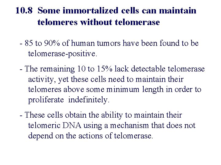 10. 8 Some immortalized cells can maintain telomeres without telomerase - 85 to 90%