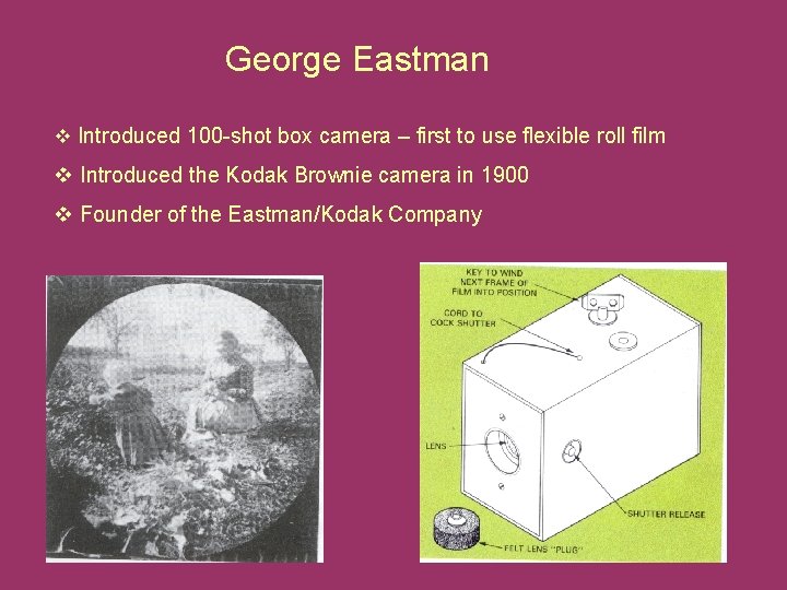 George Eastman v Introduced 100 -shot box camera – first to use flexible roll George Eastman v Introduced 100 -shot box camera – first to use flexible roll