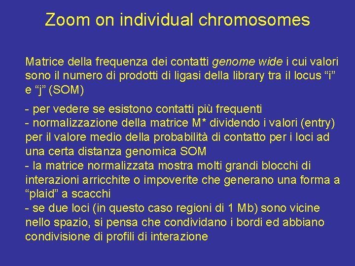 Zoom on individual chromosomes Matrice della frequenza dei contatti genome wide i cui valori