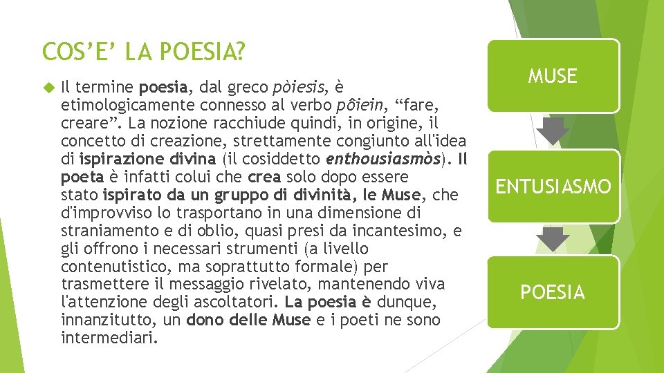 COS’E’ LA POESIA? Il termine poesia, dal greco pòiesis, è etimologicamente connesso al verbo
