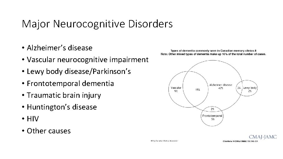 Major Neurocognitive Disorders • Alzheimer’s disease • Vascular neurocognitive impairment • Lewy body disease/Parkinson’s