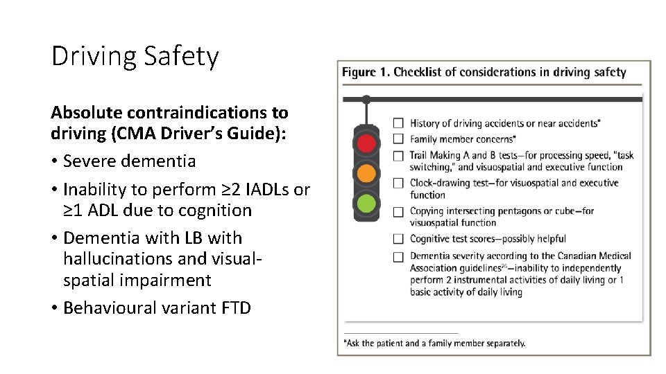 Driving Safety Absolute contraindications to driving (CMA Driver’s Guide): • Severe dementia • Inability