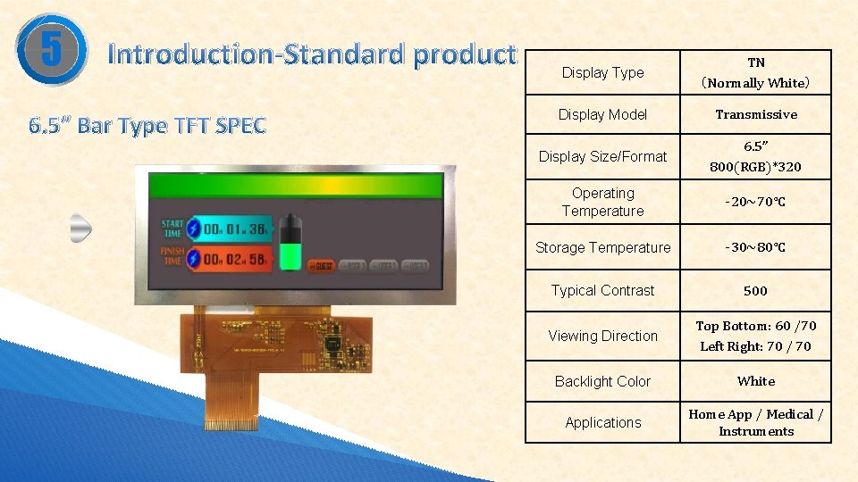 5 Introduction-Standard product 6. 5” Bar Type TFT SPEC Display Type TN （Normally White）