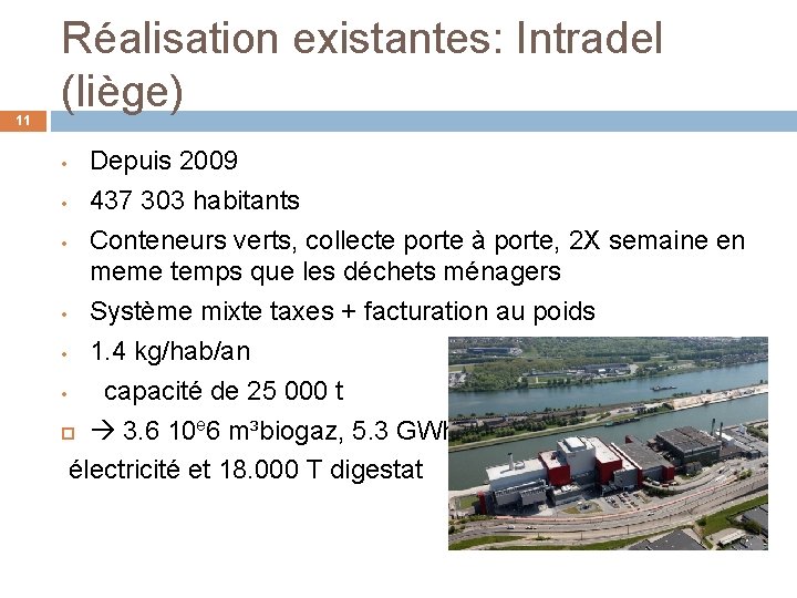 11 Réalisation existantes: Intradel (liège) Depuis 2009 • 437 303 habitants • Conteneurs verts,