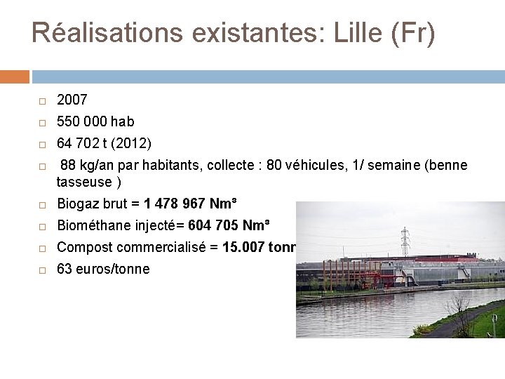 Réalisations existantes: Lille (Fr) 2007 550 000 hab 64 702 t (2012) 88 kg/an