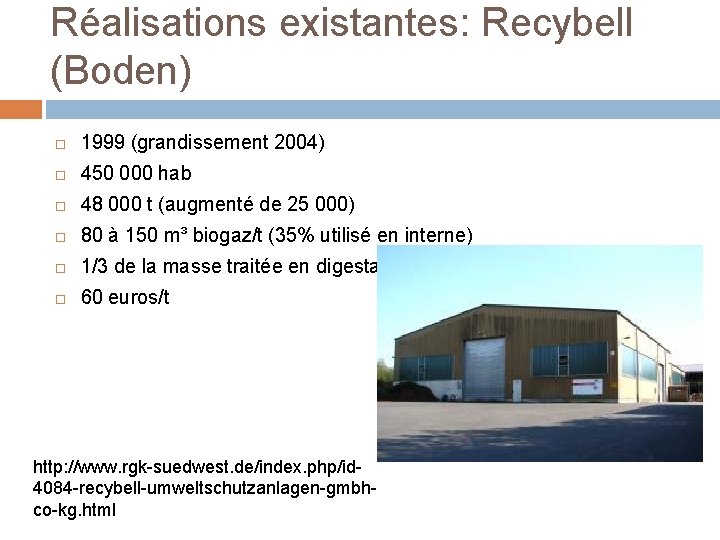 Réalisations existantes: Recybell (Boden) 1999 (grandissement 2004) 450 000 hab 48 000 t (augmenté