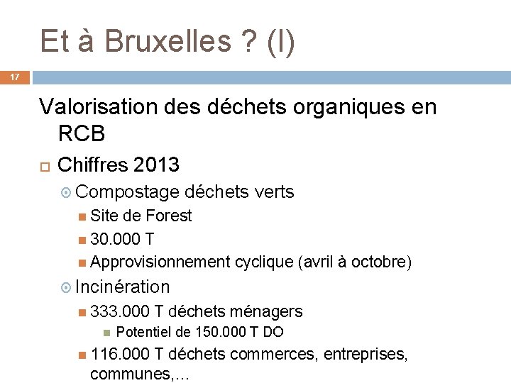 Et à Bruxelles ? (I) 17 Valorisation des déchets organiques en RCB Chiffres 2013