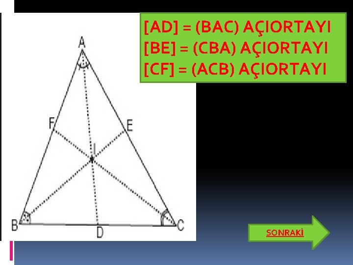 [AD] = (BAC) AÇIORTAYI [BE] = (CBA) AÇIORTAYI [CF] = (ACB) AÇIORTAYI SONRAKİ 