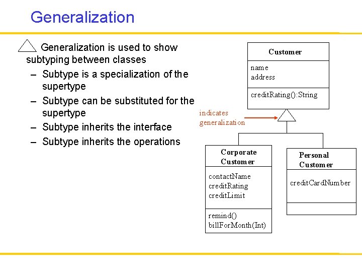 Generalization is used to show subtyping between classes – Subtype is a specialization of