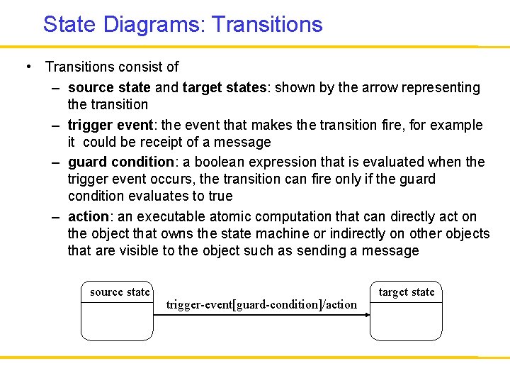 State Diagrams: Transitions • Transitions consist of – source state and target states: shown