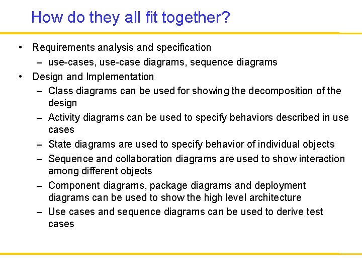 How do they all fit together? • Requirements analysis and specification – use-cases, use-case