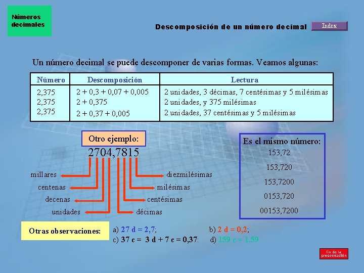 Números decimales Descomposición de un número decimal Un número decimal se puede descomponer de