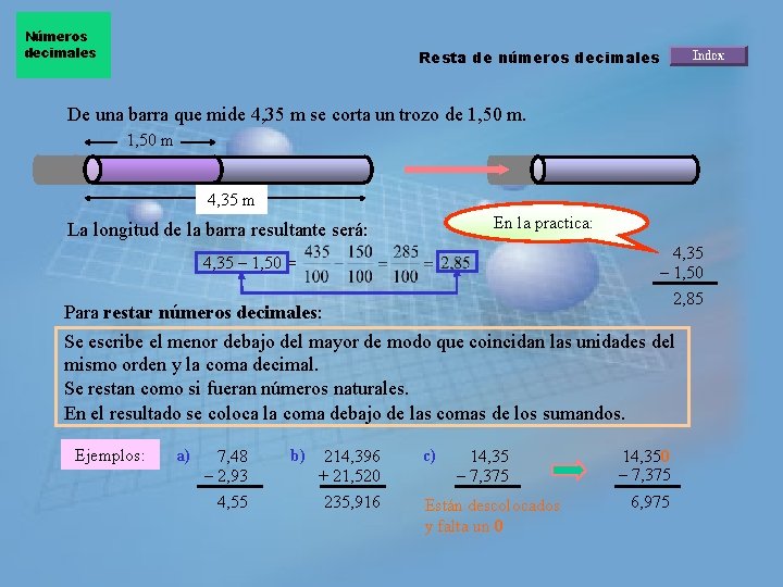 Números decimales Resta de números decimales De una barra que mide 4, 35 m