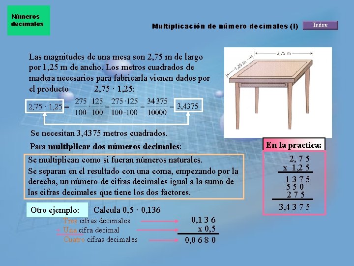 Números decimales Multiplicación de número decimales (I) Las magnitudes de una mesa son 2,