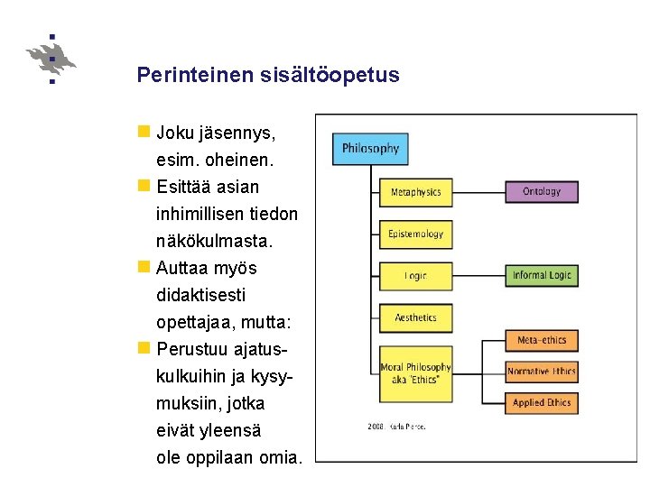 Perinteinen sisältöopetus n Joku jäsennys, esim. oheinen. n Esittää asian inhimillisen tiedon näkökulmasta. n