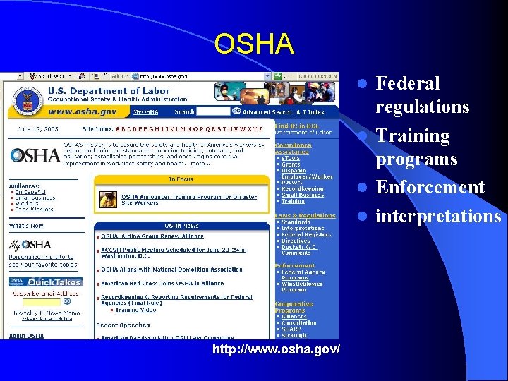 OSHA Federal regulations l Training programs l Enforcement l interpretations l http: //www. osha.