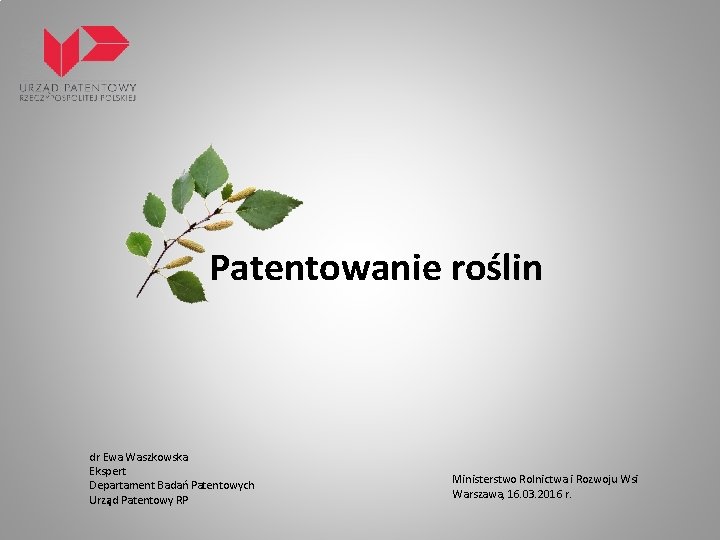 Patentowanie roślin dr Ewa Waszkowska Ekspert Departament Badań Patentowych Urząd Patentowy RP Ministerstwo Rolnictwa