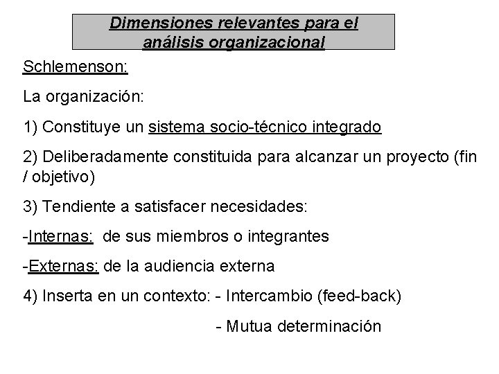 Dimensiones relevantes para el análisis organizacional Schlemenson: La organización: 1) Constituye un sistema socio-técnico Dimensiones relevantes para el análisis organizacional Schlemenson: La organización: 1) Constituye un sistema socio-técnico