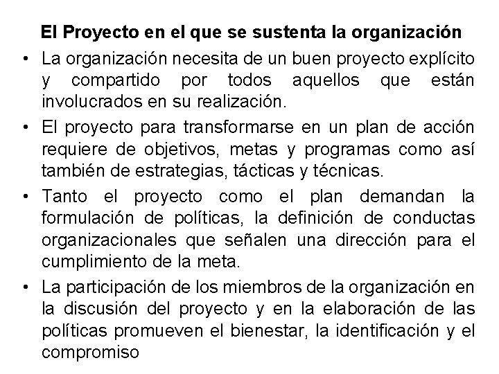 • • El Proyecto en el que se sustenta la organización La organización • • El Proyecto en el que se sustenta la organización La organización